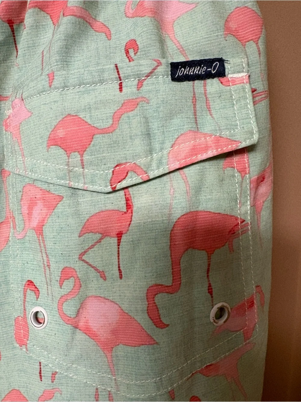 Johnnie-O Acklins Swim Trunks Mint Green Flamingo Print Size Large